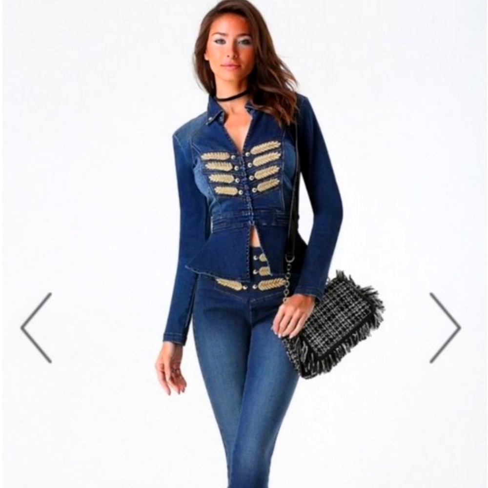 Bebe military embroidered denim  jacket set jeans